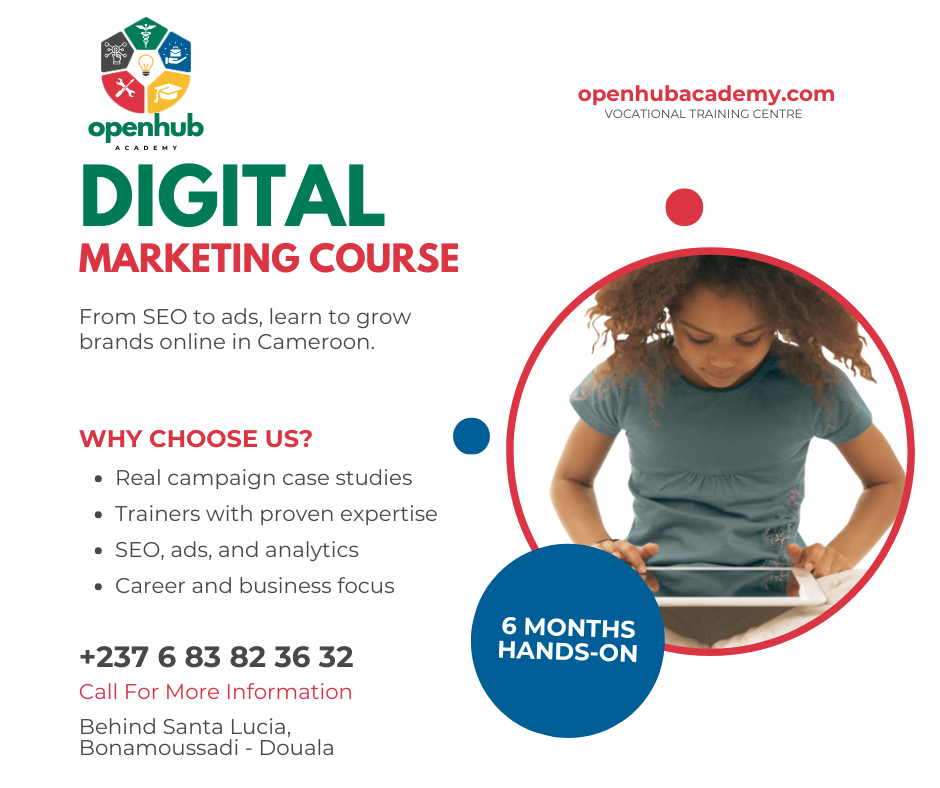 Digital Marketing Course From SEO to ads, learn to grow brands online. Master the digital tools businesses in Cameroon need today.